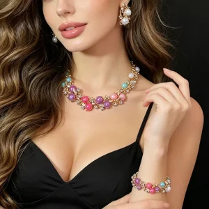 Candy Colored Necklace Earring Bracelet Set Geometric Floral Leaves Jewelry