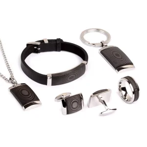 Carbon Fiber Pendant Bracelet Keychain Cufflinks Ring Stainless Steel Jewelry Men