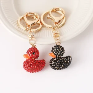 Cartoon 3D Animal Keychain with Cubic Zirconia Classic Red Black Crystal Duck Keychain for Women Bag Jewelry Accessories