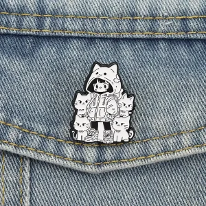 Cartoon Anime Girl and Cat Brooch Enamel Pins Cute Animal Cat Brooches Backpack Lapel Badge Jewelry
