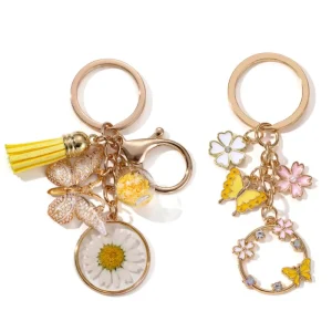 Cartoon Butterfly Flower Enamel Key Chain Cute Lovely Spring Natural Bag Charms for Friends Good Gift