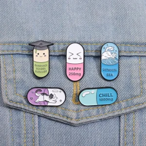 Cartoon Cat Happy Chill Pill Brooch Funny Pharmacy School Survivor Metal Pins Custom Medical Enamel Lapel Badges Souvenir