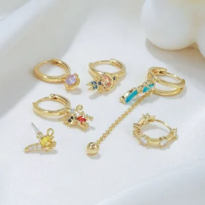 Cartoon Fashion Fairy Princess Zircon Earrings Set 18K Gold Plated Brass Earrings Sweet Asymmetrical Fringe Earrings for Women