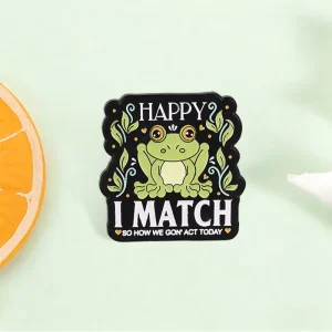 Cartoon Green Frog Enamel Pin Black Wavy Background Floral Leaf Heart Funny Slogan Brooch For Backpack Decor