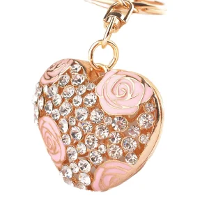 Cartoon Heart Rose Flower Crystal Vintage Fashion 3D Shape Carabiner Keychain Purse Bag Charm Pendant Rhinestone Metal