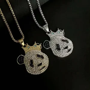 Cartoon Panda Crown Charm Necklace Gold Plated Stainless Steel Iced Streetwear Pendant for Boutique Fashion Stores
