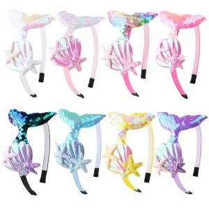 Cartoon Sweet Shell Starfish Hairband with Sequins Mermaid Tail Fashion Bling Bling Headband for Girls Party Hair Accessories