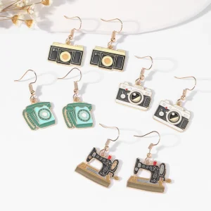 Cartoon camera stud vintage sewing machine old fashioned telephone earrings fashionable retro style Women Earrings