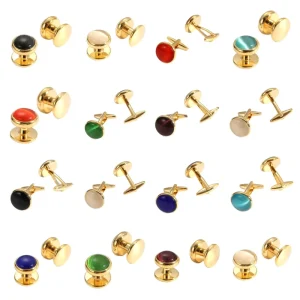 Cat Eye Mens French Shirt Round Sleeve Button 8 Piece Set for Wedding Business Fashion Jewelry Brass Plated 18K Gold Cufflinks