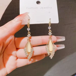 Cat Eye Stone Wheat Earrings for Women Dangling Fine Jewelry Leather Leaf Earrings
