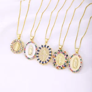 Catholic Religious Gold Plated Link Chain Copper Micro Pave Crystal Colorful Cubic Zircon Virgin Mary Blessed Pendant Necklace