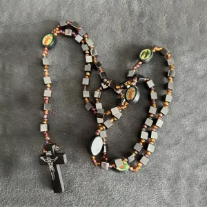 Catholic Rosary Necklace Hematite Beads Crucifix Religious Costume Jewelry