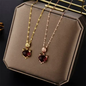 Cat’s Eye Fox Pendant with Collarbone Chain Titanium Steel Diamond Studded Sweater Chain