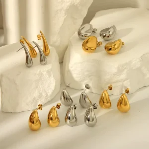 Celebrity Casting Process Water Drop Shaped Multi Design Stud Earrings 18K Gold Stainless Steel Jewelry