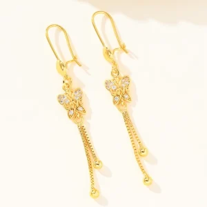 Central Asian Style Long Butterfly Tassel Pendant Earrings ZIRCON Stone Copper Gold Plated Ear Hooks for Women