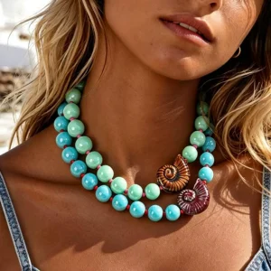 Ceramic Conch and Resin Bead Necklace with Shell Pendant