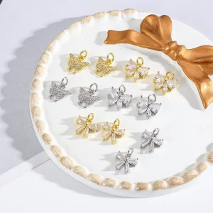 Charm 18k Gold Color-retaining Plating Brass and Bowknot with Zircon Shape Pendant Charm for Diy Jewelry Accessory