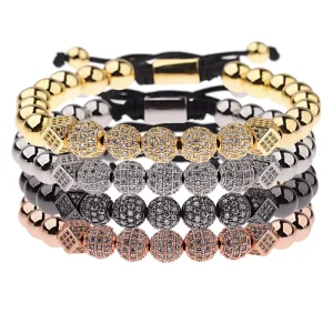 Charm Bracelet Micro CZ Pave Diamond King Crown Ball Gold Plated Engagement Unisex Braided Macrame Jewelry