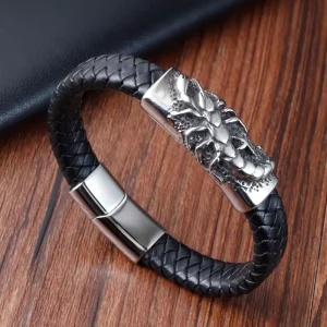 Charm Braid Rope Bracelet for Men Stainless Steel Magnetic Buckle Genuine Leather