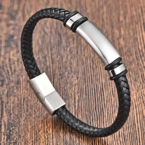 Charm Braid Rope Bracelet for Men Stainless Steel Magnetic Buckle Genuine Leather