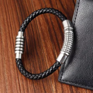 Charm Braid Rope Bracelet for Men Stainless Steel Magnetic Buckle Genuine Leather
