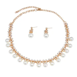 Charm Colorful Crystal Diamond Pearl Stainless Steel Silver Chains Necklace Stud Earrings Jewelry Set for Women
