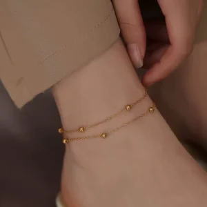Charm Fashion Stainless Steel Simple Gold Ball Bead Double Chain Anklet Bracelet Jewelry
