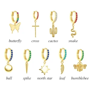 Charm Hoop Earrings Set Butterfly Cross Cactus Snake Star Leaf Bumblebee Huggie Earrings Jewelry