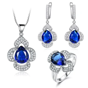 Charm Mature Special Design Blue Gems 925 Silver Necklace Ring Earrings Jewelry Set for Ladies