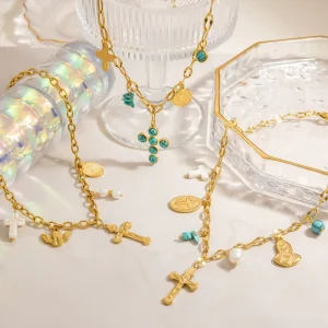 Charm Necklace Fashion 18K Gold Natural Stone Beaded Turquoise Multiple Decoration Waterproof