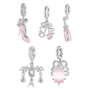 Charm Pendant Romantic Pink Bow S925 Silver Pendant Jewelry Accessories Sweet Diy Beads