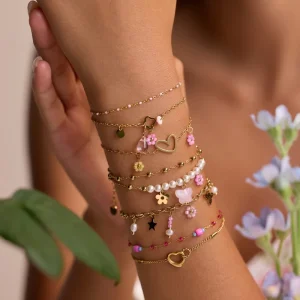 Charming Pink Crystal Charm Bracelet with Stars and Flowers Non Tarnish PVD 18K Gold Plated Stainless Steel Bracelet