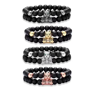 Charms 8mm Matte Black Stone Micro Inlay Zircon Wolf Head Bead Bracelet Set Men’s Fashion Charm Bracelets 2 Pcs. Set