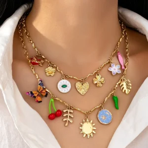Charms Necklace Fashionable Jewelry Necklace for Women Sweet Daily Wear Necklace Butterfly Heart Flower Cherry Pendants Bulk