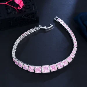 Charms Square Light Pink Cubic Zirconia Wedding Accessories Fashion Bracelet Jewelry for Women Party Mother’s Day Gift