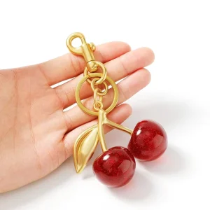Cherry Bag Charm Golden Key Chain Glitter Resin Purse Charm for Bags with Retro Style Fruit Charms