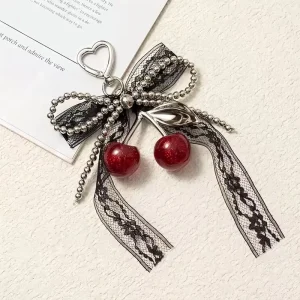 Cherry Black Lace Bowknot Metal Keyring Custom Logo Fashion Design Zinc Alloy Carabiner Promotional Keychain And Gift