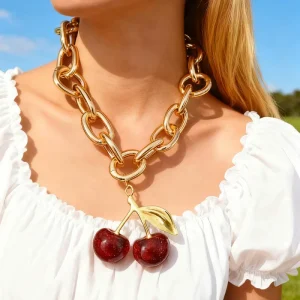 Cherry Pendant Necklace Gold Plated Chunky Chain with Colorful Electroplated Fruit Charm