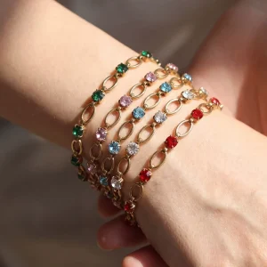 Chic Accessories Colorful Rhinestone Oval-Link 18k Gold Plated Charm Bracelet Sparkle Stainless Steel Jewelry TGSL5829
