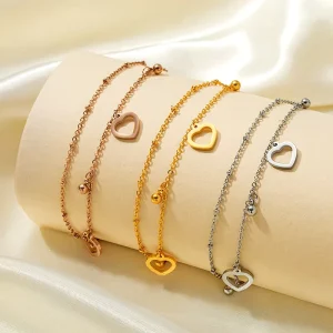 Chic Hollow Heart Double Chain Anklet Stainless Steel Ankle Jewelry for Summer Vacation Daily Matching