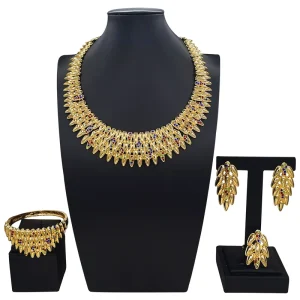 Chic Leaf Multicolor Rhinestone Gold Plated Jewelry Set for Women Necklace Earrings Bracelet Ring Evening Jewelry I0101