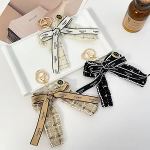 Chic Style Tweed Bow Keychain Luxury Ribbon Bowknot Charm Keyring with Gold Plated Hardware for Women’s Bag Decoration