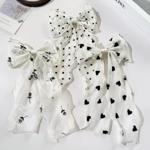 Chiffon Bow Hair Clips With Polka Dots Heart Rose Patterns Women Girls Daily Fashion Hair Accessories Customizable