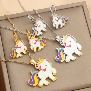 Children Kids Little Young Girls Jewelry Set 18k Gold Plated Animal Unicorn Insect Dragonfly Ladybug Necklace Earrings Set