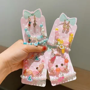 Children’s Colorful Pearl Heart Shape Princess Beaded Bracelets Cute Cartoon Mermaid Love Pendant Little Girl Student Set