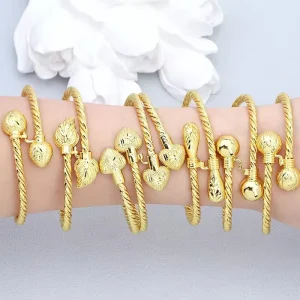 Children’s Copper Alloy Open Dainty Bangle with Zircon Claw Setting 24k Gold Plated Indian Jewelry for Anniversary