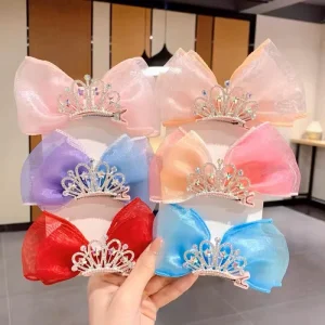 Children’s Hair Accessories Princess Korean Crown Headwear Little Girl Hair Clips Red Three Dimensional Bow Mesh Crown Hairpins