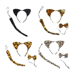 Children’s Halloween Hair Accessories Baby Plush Fabric Cat Ears Leopard Tiger Tail Bow Hair Ties for Kids’ Head Bands