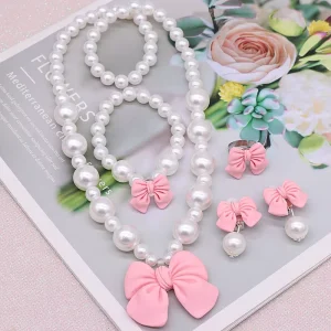 Children’s Necklace Set Lovely Bow Pearl Necklace Girl Fashion Bracelet Ear Clip Ring Set Handmade 5sets