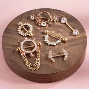 Children’s Wedding Fashion Piercing Jewelry Rose Gold Plated Copper Alloy Rhinestone Studded Nipple Ring Body Jewelry